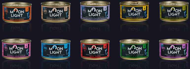 Kennenlernpaket Moonlight-Dinner: Fleischmahlzeit #1 bis #10 - je 2 Dosen 80g / Moonlight Croutons je 1x 70131/-32/-33/-34/-35 /-36  Filetstick je 1x Ente-Thun-Huhn-Kaninchen-Forelle-Lachs / Filetcreme je 1 Tafel 4x15g Huhn-Ente-Thun-Lachs / Jus 6 Sorten